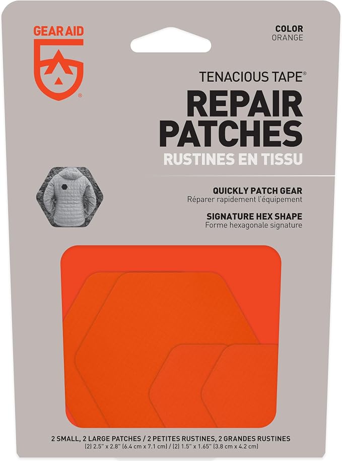 GEAR AID Tenacious Tape Hex – 2.5” & 1.5” Repair Patches (4 Patches: Two 2.5” & Two 1.5”, Orange) – Peel-and-Stick Outdoor Nylon Fabric to Fix Holes and Burns in Down Jackets, Rain Gear and Tents