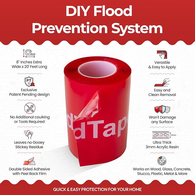 FloodTape® Waterproof Adhesive Tape – 8 inches Extra Wide x 20 feet Long Roll - Temporary Flood and Snow/Ice Water Barrier for Doors & Windows – Double-Sided, No Residue, No Damage, Easy Installation