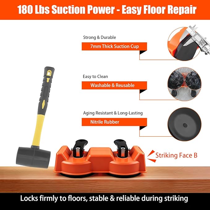 Floor Gap Fixer Tool - Dual Suction Cup Plank Grabber Floor Fix Pro - Orange Heavy Duty Laminate Floor Gap Repair Tool with 10 Sticky Pads for Vinyl Wood Plank Flooring