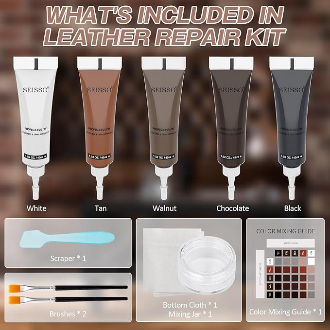 SEISSO Brown Leather Repair Kit for Furniture, Vinyl Couch Repair Kit for Sofa，Restores Any Material, Bonded, Pleather, for Scratch, Tears, Burn Holes with Super Easy Instructions (5 Colors)