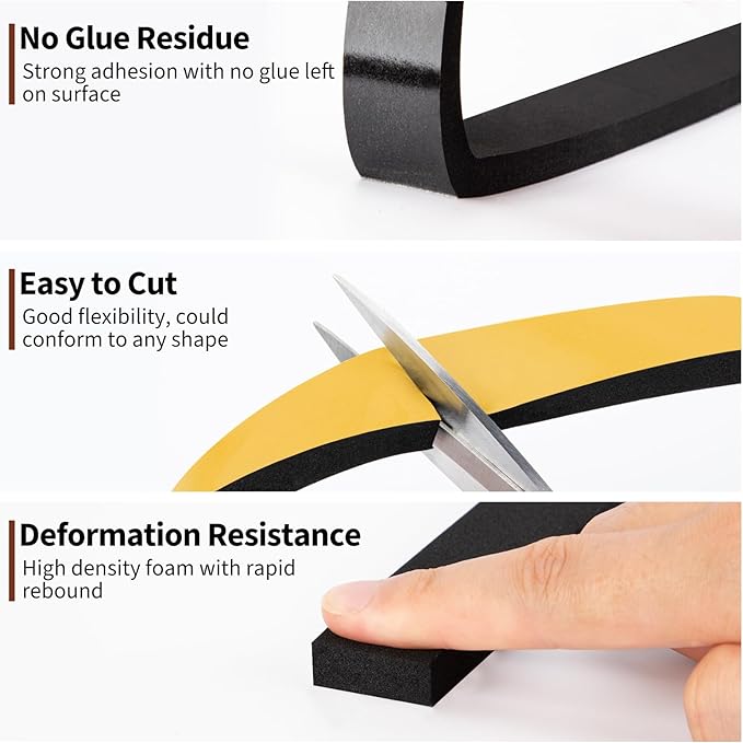 Yotache Foam Strips with Adhesive 1" W X 3/8" T, (New Adhesive Craft) Black Foam Insulation Weather Stripping Door Seal Tape, 13 Ft Length