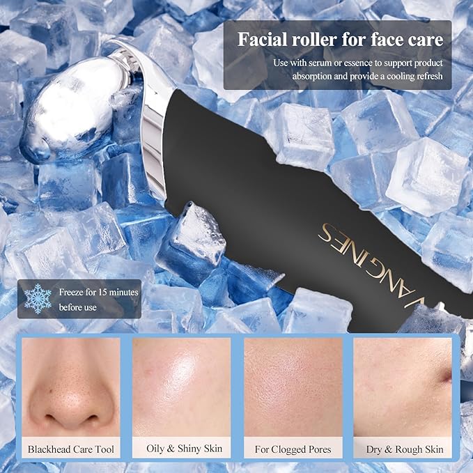 Blackhead Remover Tool with Ice Roller, Stainless Steel Face Scraper, Skin Scrubber Face Spatula for Deep Cleansing, 3-in-1 Skin Care Tool with 2 Silicone Brush Heads (Charcoal Black)