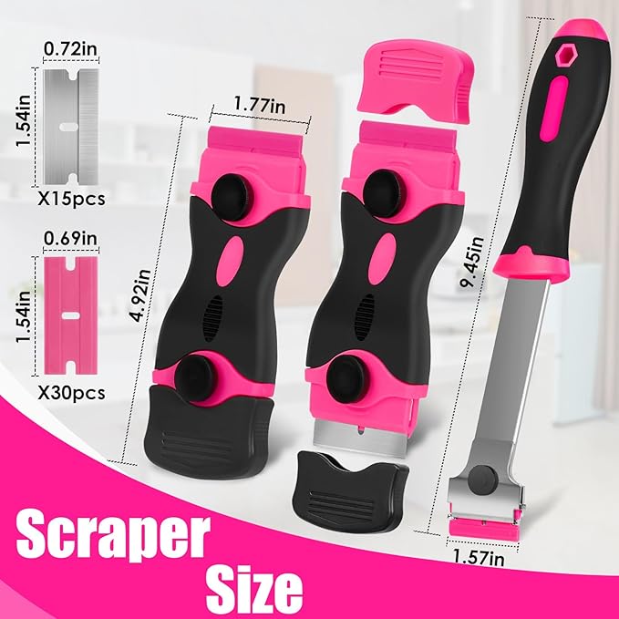 Razor Blade Scraper Tool, 3Pcs Pink Razor Scrapers with 15pcs Metal and 30pcs Plastic Blades, Scraper Tool for Cleaning Paint, Decals, Adhesive, Caulk, Stickers, Glass, Labels, Window, Stovetop