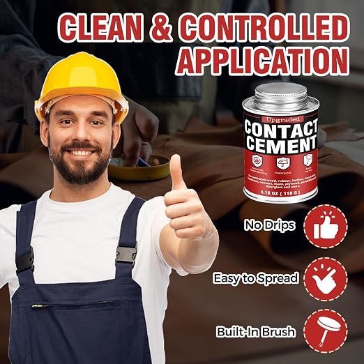 Contact Cement with Brush, Heavy Duty Neoprene Contact Adhesive, Flexible, Strong Bonding, Waterproof Glue for Wood, Leather, Rubber, Laminate & Upholstery – Easy to Use for DIY & Repair (4.16 oz)