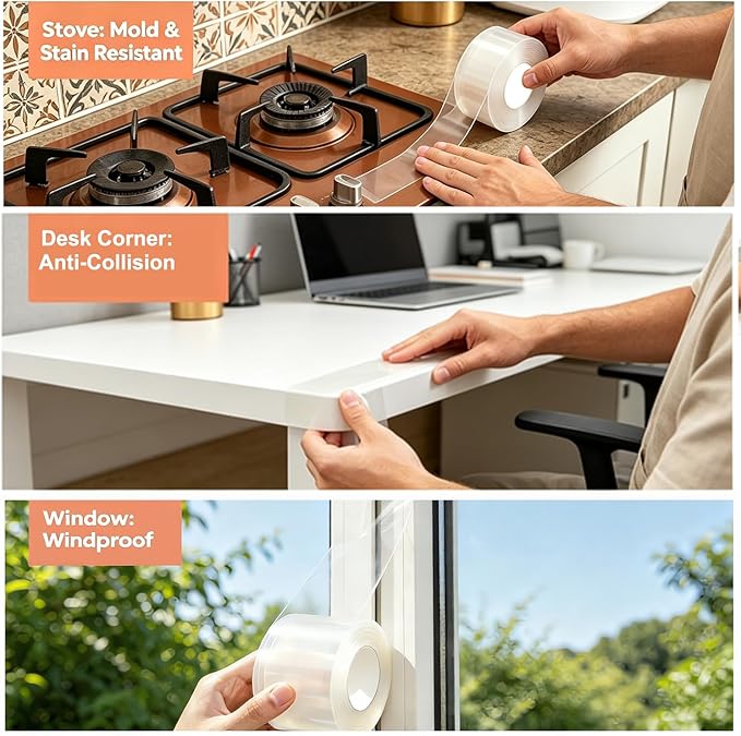 Transparent Window Weather Sealing Tape 2 Inch x 33 FT Weather Stripping Residue-Free Clear Window Insulation Caulk for Shower Glass Gaps and Clear Tape Doors Windows Windproof