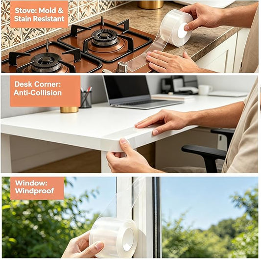 Transparent Window Weather Sealing Tape 2 Inch x 16.5 FT Weather Stripping Residue-Free Clear Window Insulation Caulk for Shower Glass Gaps and Clear Tape Doors Windows Windproof