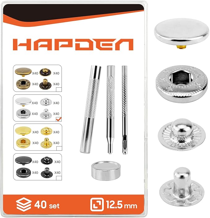 Leather Snaps and Fasteners Kit，12.5mm 40 Sets Metal Snap Buttons with Setter Tools， Sewing Snaps for Clothing，Fabric，Leather, Clothes, Jackets, Bags, DIY Crafting （Silver）
