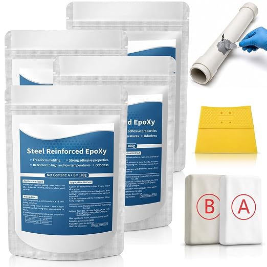 Strong Clay Iron Adhesive, Steel Reinforced Epoxy Putty, Repair Putty Waterproof, Heat Resistant Drillable, Filler for Metal PVC Pipe, Plastic Wood Ceramic, Easy Operation, Strong Adhesion (4PCS)