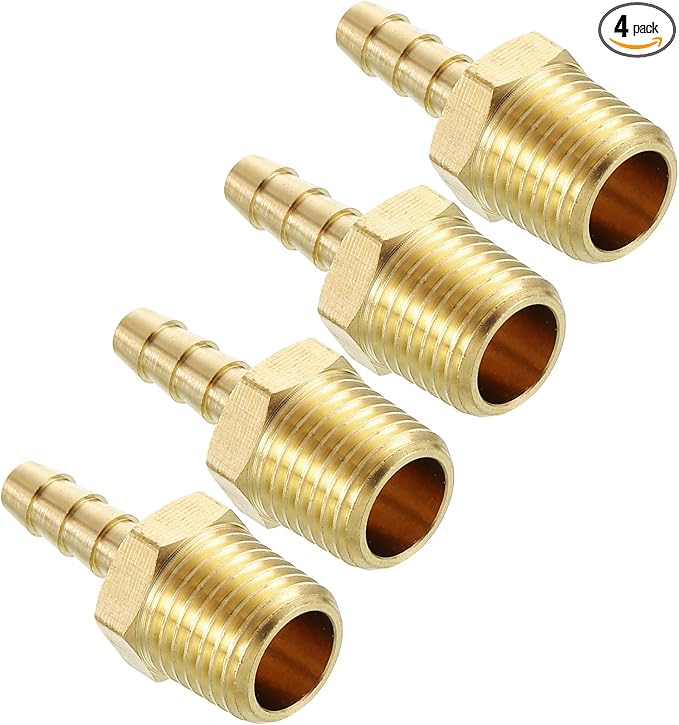 Pack of 4 Brass Hose Barb Fittings Adapter Connector 3/16" Hose Barb to 3/8" NPT Male Fittings for Home Machines, Massage Bathtubs, and Irrigation Systems