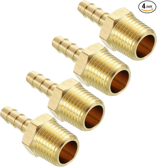 Pack of 4 Brass Hose Barb Fittings Adapter Connector 3/16" Hose Barb to 3/8" NPT Male Fittings for Home Machines, Massage Bathtubs, and Irrigation Systems