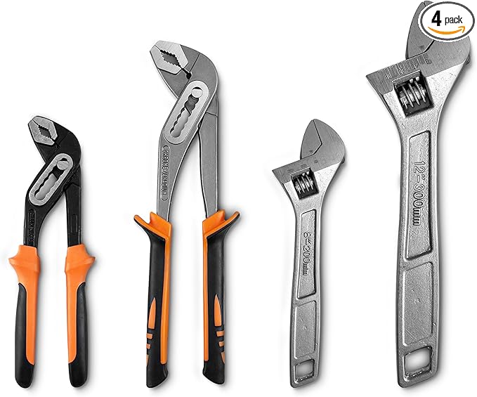 4-Piece Wrench Pliers Set,8 & 12 Inch Adjustable Wrench Set with 8 & 10 Inch Groove Joint Pliers for Home Repair