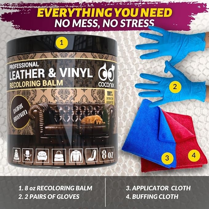 COCONIX Leather & Vinyl Recoloring Balm - Dark Brown | Restore Faded, Worn, and Peeling Leather and Vinyl on Sofas, Chairs, and Car Seats | Vibrant Colors with Simple Application