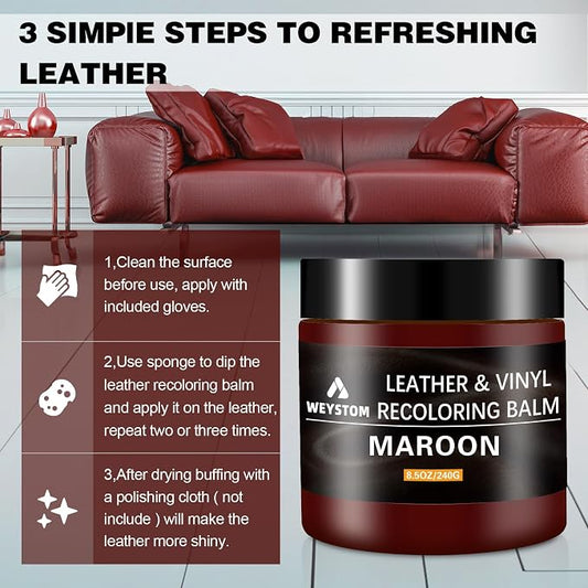 Leather Recoloring Balm - Maroon Leather Repair Kit for Furniture, Dye, Recolor, Renew, Repair & Restore Aged, Faded, Cracked, Peeling and Scuffed, Car Care