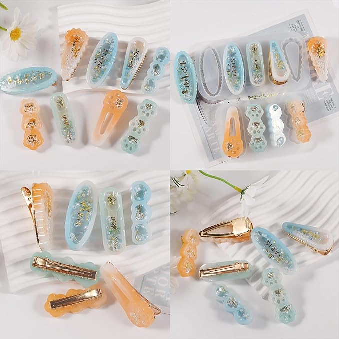 Hair Clips Resin Shaker Molds Set Barrette Pack of 12 Epoxy Silicone Trays Precision Tip Applicator Bottle Kit Bundle