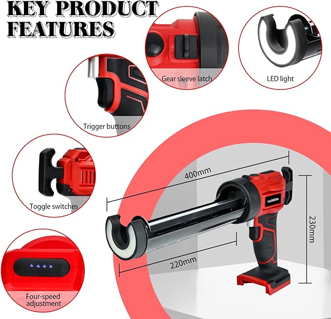 Cordless Caulking Gun for Milwaukee 18V Max Battery, 10 Oz/300ml Electric Silicone Gun,with LED Light,4 Adjustable Speed for Filling, Sealing, Repair(NO BATTERY)
