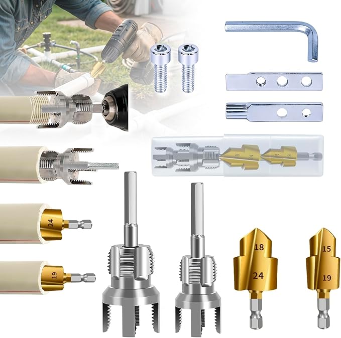 New PPR PVC Pipe Threading and Reaming Tool Kit for Drill, Internal & External Pipe Reaming and Thread Cutting Tool Set for 1/2"(DN15) 3/4"(DN20) PVC Pipe, Plumbing Water Pipe Repair and Maintenance