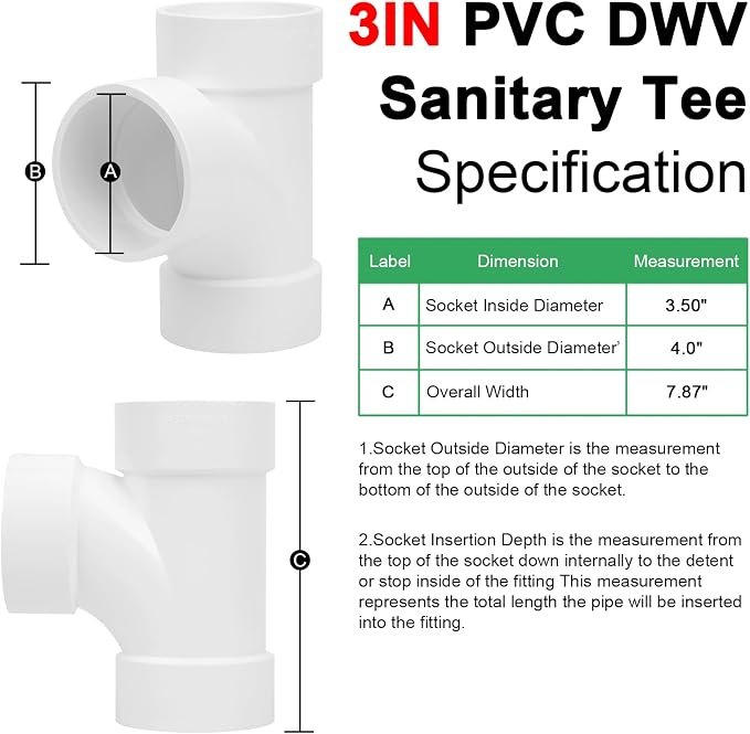 3IN PVC DWV Sanitary Tee 3-Way PVC Pipe Fittings Adapter Furniture Build Grade SCH40 PVC Elbow Fittings Connector for Drain, Waste, Vent
