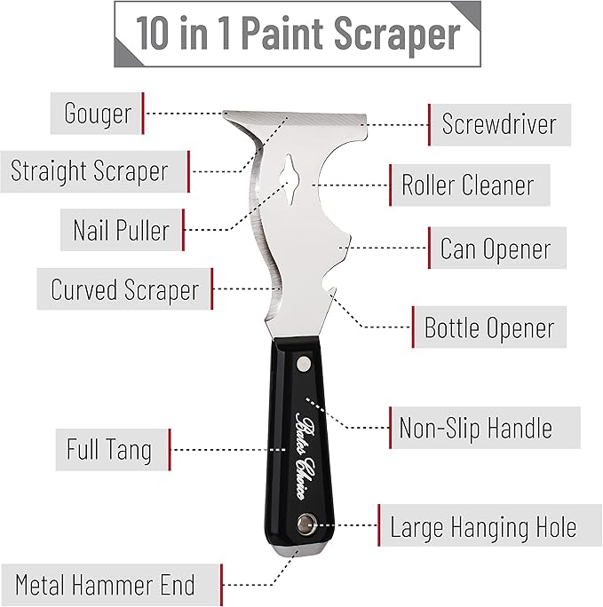 Bates- Paint Scraper, 10 in 1, 2 pcs, Metal Hammer End, Paint Scrapers for Wood, Putty Knife, Metal Scraper, Spackle Knife