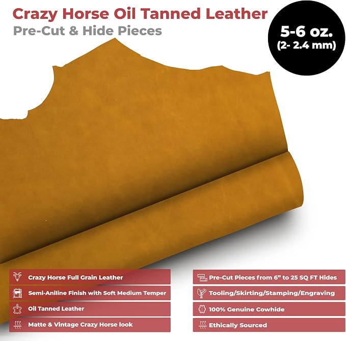 ELW Crazy Horse Leather 5-6 OZ (2-2.4mm) | Tobacco Brown | Pre-Cut 2.5-4 SQ FT 2PCS | Full Grain Cowhide Handmade Leather for DIY, Crafts, Sheaths, Sewing, Workshop