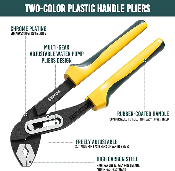 SENDA 10-Inch Water Pump Pliers, 7 Jaw Positions Adjustable Groove Joint Pliers, Premium CRV Steel with 3.75" Jaw Capacity for Plumbing & Industrial Use