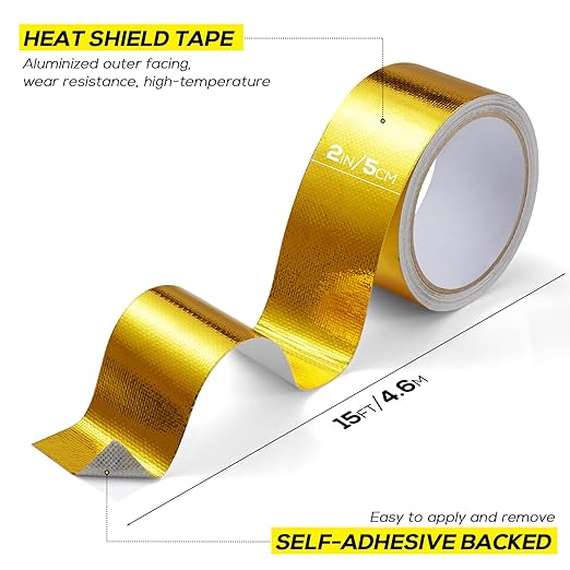 Aluminum Foil Tape, 2in x 15FT Fiberglass Heat Shield Tape, Golden Self-Adhesive Heat ReflectiveTape, Exhaust Heat Resistant Tape, for Hose and Auto Use