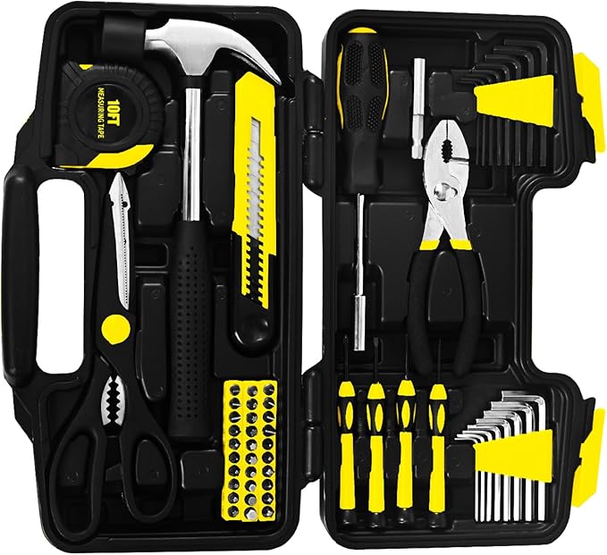58-Piece Yellow Tool Kit | Basic Home Repair & General Household Hand Kit | Small Tool Set with Plastic Storage Toolbox for Home, Office, College & DIY Repairs