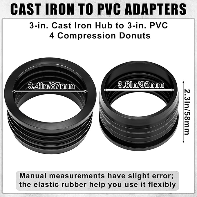 4 Pack 3'' to 3'' Cast Iron Hub to PVC Adapter Sewer Pipe Repair Kit Flexible Seal Fitting for Schedule Pipes Leak Resistant Corrosion Proof Durable