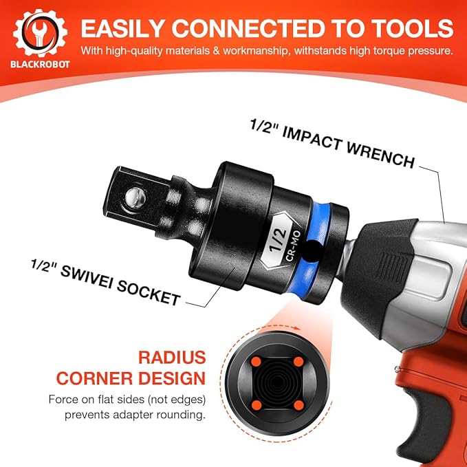 BLACKROBOT 1/2" Drive Impact Universal Joint Set, CR-MO Swivel Socket Adapter for Automotive Repair & Heavy-Duty Home DIY, Flexibly Reach Tight-Angle Fasteners
