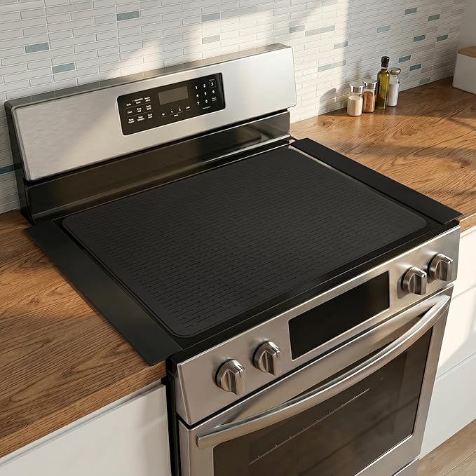 Silicone Stove Gap Covers with Stainless Steel, Oven Gap Filler Seals Gaps Between Stovetop and Counter, Stove Gap Guards Range Trim Kit, Easy to Clean Stove Gap Guard (Black 2 Pack,20.86" with mat)