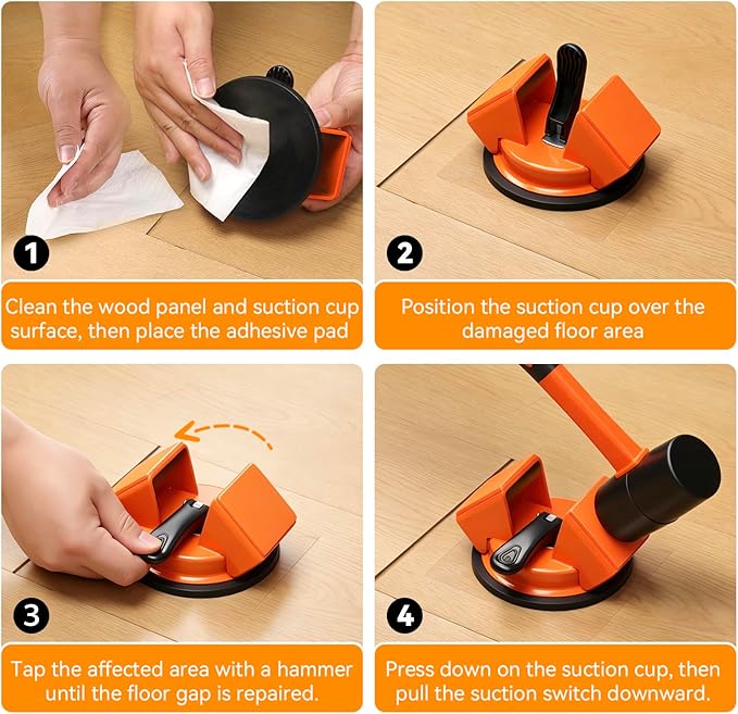 Floor Gap Fixer Tool - 45° Dual-Sided Strike, Floor Suction Cup Tool for Gaps with Crack Cleaner, Mallet & 5 Sticky Pads - Laminate Floor Gap Repair Tool, Flooring Tools Kit