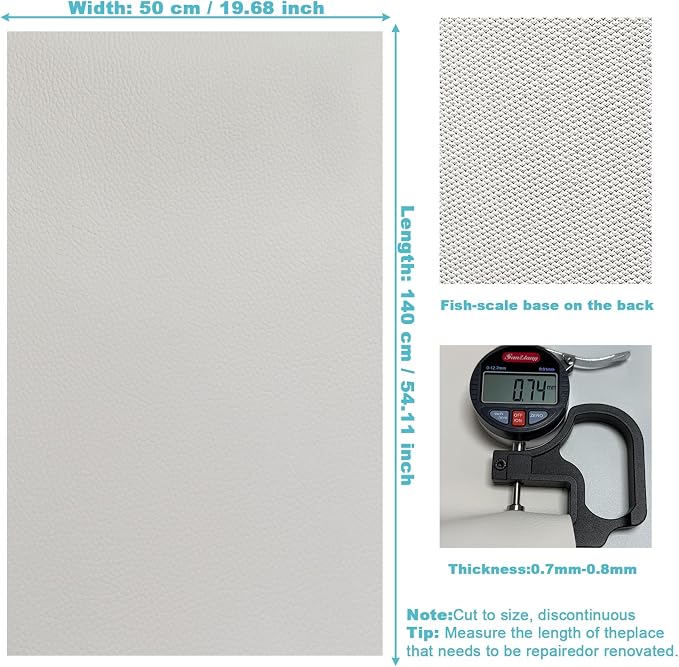 White Faux Leather Fabric 19"x54" - Lychee Grain Flexible Vinyl Leather for Handbag Making, Hair Accessories, Upholstery Repair and Fashion DIY Craft Projects