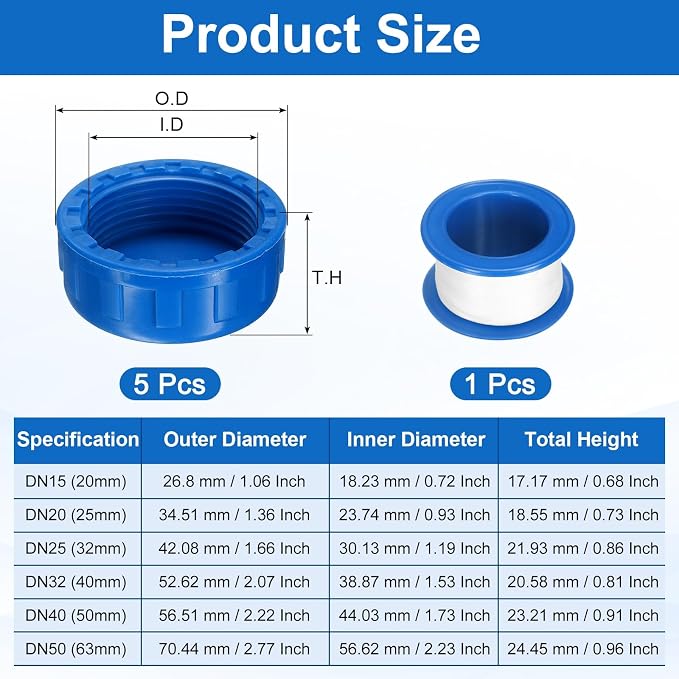 uxcell 5Pcs 1-1/4 Inch PT Female Thread PVC Pipe Fitting Cap, Cleanout Water Drain End Caps, Pipe Plug Socket Fittings with Tape for Water Heater Supply Lines, Plumbing, Blue