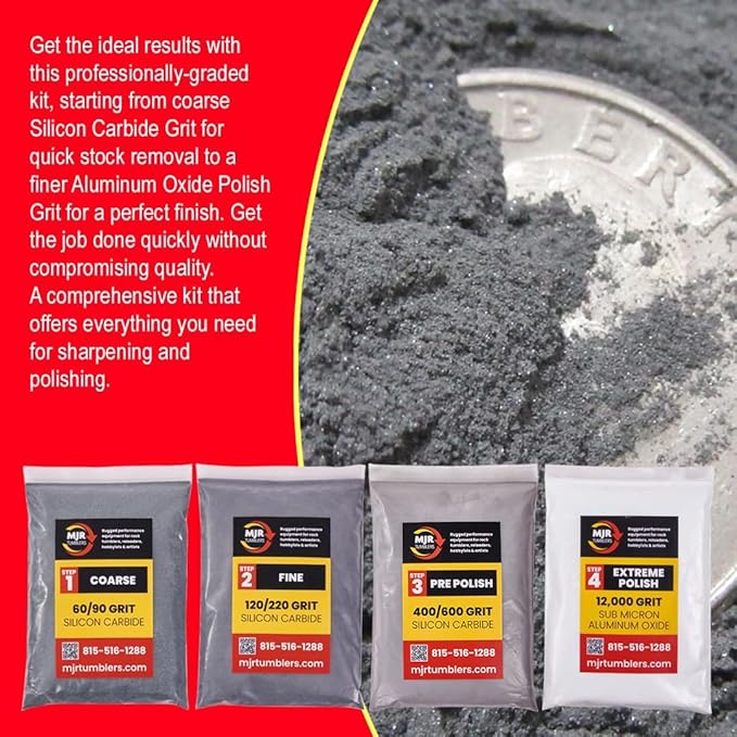 Rock Tumbler Grit Kit Refill for 10lb Tumblers, 4 Step Silicon Carbide & 12,000 Grit Aluminum Oxide Polish, Stone Polishing Kit for Rotary & Vibratory Rock Tumblers