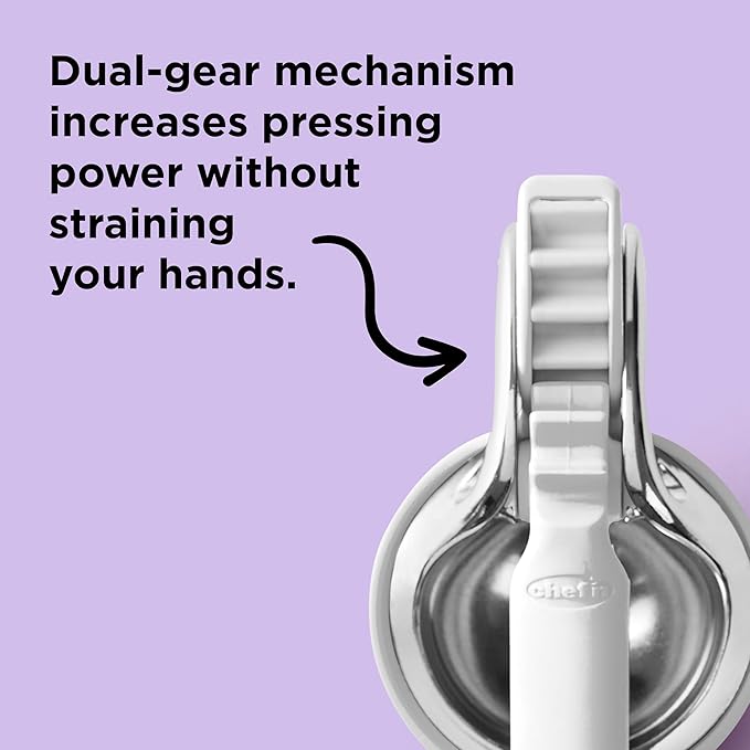 Chef'n FreshForce Lemon Squeezer Citrus Juicer, Manual Hand Press with Dual-Gear Power for Maximum Juice Extraction, Durable, Baking White