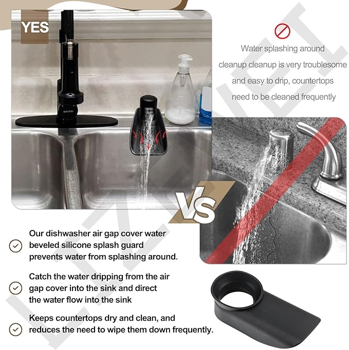 Black Dishwasher Air Gap Cover Water Ramp Silicone Splash Guard, Universal Accessory for Dishwasher Air Gap, 4° Overflow Spout Extender for Dishwasher - Drain Water Efficiently