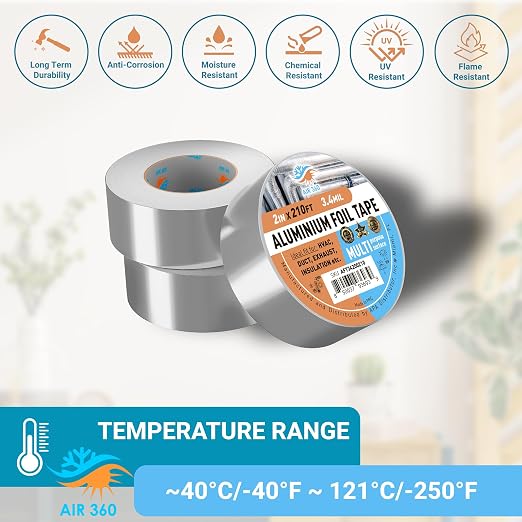 Air 360 Aluminum Foil Tape 2 Inch x 210 FT - HVAC Foil Tape for Ductwork, Dryer Vent, AC & Pipe Insulation - Heavy Duty High Temp Heat Resistant Metal Duct Tape, Waterproof Aluminum HVAC Tape