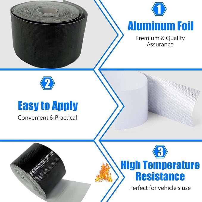 Xinhan (Gold,Silver,Black) Aluminum Foil Heat Shielding Tape High Temperature Heat Reflective Adhesive Backed Tape Compatible with Car Intake Pipe Engine Bay Hoses Wires Etc (Black, 2in x 15ft)