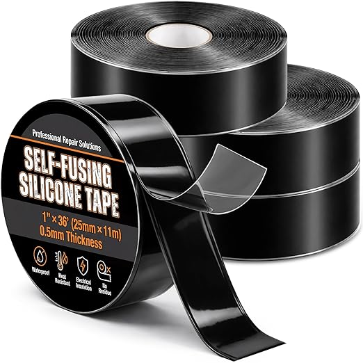 Treela 4 Rolls Self Fusing Silicone Tape 1" x 36' Black Waterproof Self Amalgamating Emergency Silicone Rubber Repair Tape for Hose Pipe Leak Sealing Electrical Insulation Plumbing Automotive Outdoor
