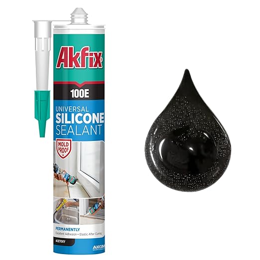 Akfix 100E RTV Black Silicone Caulk (1x10.1 fl.oz.) - 100% Waterproof Silicone Sealant for Kitchen and Bathroom, Shower, Toilet, Sink, Window and Door, UV Resistant, Flexible | Black, 1 Pack