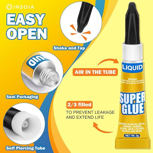 Super Glue Liquid Clear, 24 X 3g All Purpose Strong Adhesive Ca Glue Cyanoacrylate Quick Dry Instant Glue for Plastic, Metal, Ceramic, Shoe, Wood, Leather, Model, Rhinestone, Jewelry and DIY Crafts