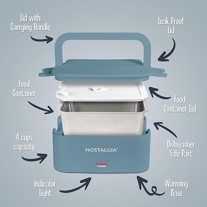 Nostalgia Portable Heated Lunch Box – 4-Cup Stainless Steel Food Warmer – Detachable Cord, Leak-Proof Lid, Carry Handle – Portable for Work & Travel – Ocean Blue