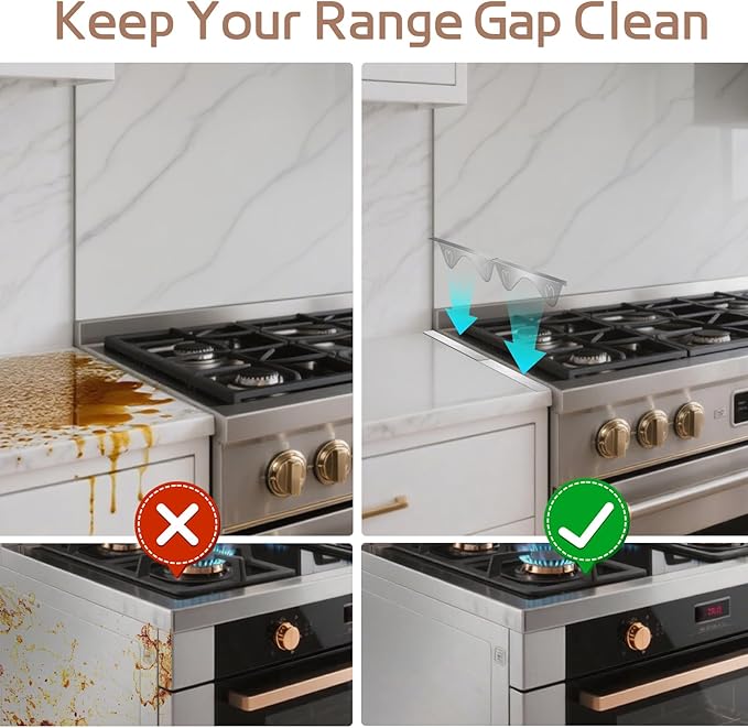 Stainless Steel Stove Gap Covers, 2 Pack Extendable Stove Gap Filler 13.8"-27.5", 0.79" Wide, Deep-Lock Heart Clips, Heat Resistant Range Trim Kit for Kitchen Counter Gaps, Silver