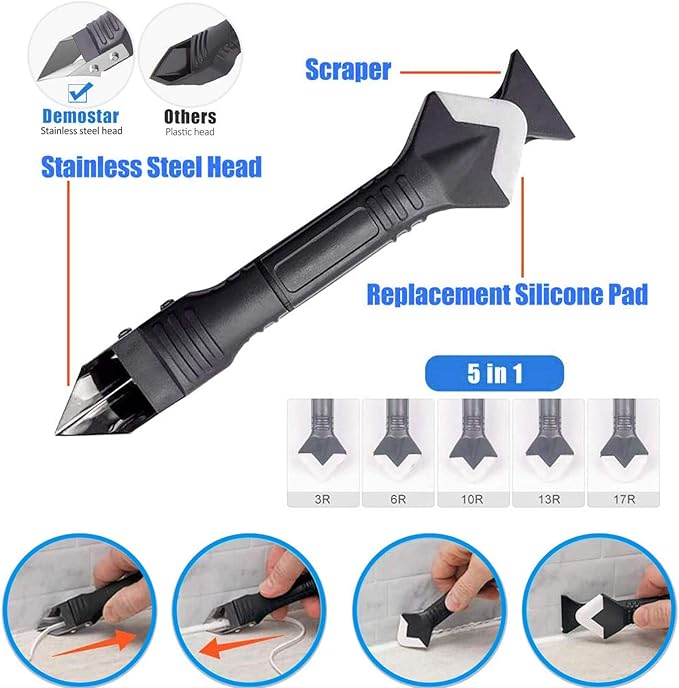 32PCS Caulking Tools, Silicone Caulking Finishing Tool Kit(stainless steelhead), Reuse and Replace 5 Silicone Pads, Sealant Caulk for Kitchen Bathroom Window, Sink Joint
