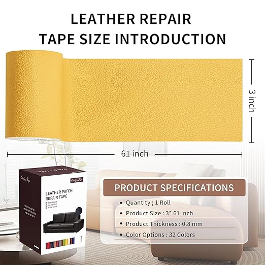 Leather Repair Patch Tape, Yellow 3 x 61 Inches Self Adhesive Leather Repair Kit for Furniture, Car Seat,Vinyl Leather Repair Kit for Office Chairs, Couch, Sofa, Luggage