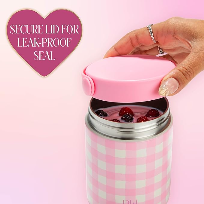 Paris Hilton Limited Edition Gingham Insulated Food Jar, Stainless Steel Vacuum Insulated Food Container with Folding Carry Handle, Leak-Proof Lid, 15-Ounce, Pink