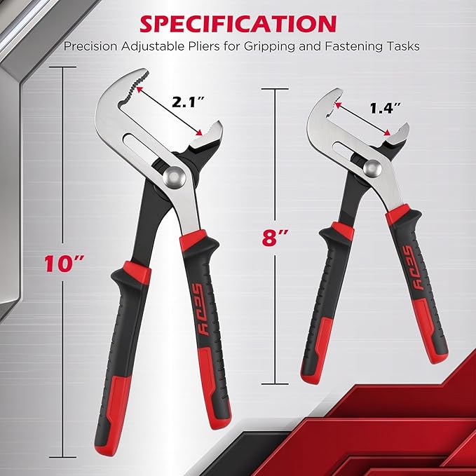 2-Piece Groove Joint Pliers Set, 10" & 8" Adjustable Water Pump Pliers, Straight Jaw Tongue and Groove Pliers with Non-Slip Handles for Plumbing, Pipe Fittings, Nuts, Bolts and Home Repair