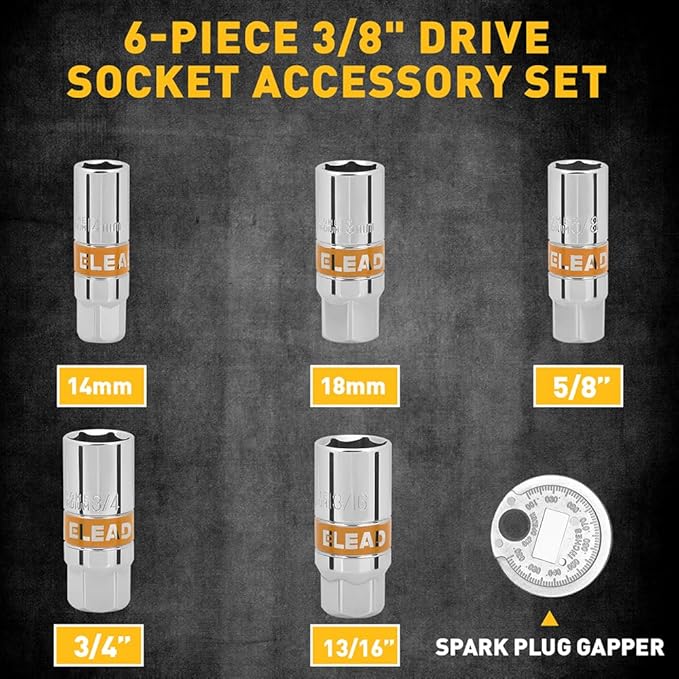 ELEAD 6-Piece 3/8" Drive Spark Plug Socket Set with Spark Plug Gapper, SAE & Metric, 5/8", 3/4", 13/16", 14mm, 18mm, CR-V Sockets with Rubber Holding Rings