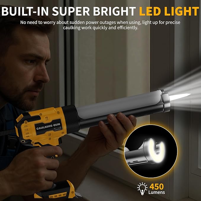 Cordless Caulking Gun Compatible with Dewalt 20V Max Battery,10 OZ Electric Caulk Gun with LED Light, LCD Display, 6 Adjustable Speeds for Floor, Wall Tile Filling, Yellow (No Battery)