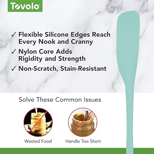 Tovolo Silicone Jar Spatula Long Handled Rubber Scraping Scooping Tool for Peanut Butter Jam Jelly Jars Blenders, Extra Long Flex Core Silicone Jar Scraper Dishwasher Safe BPA Free, Aqua Seafoam Green