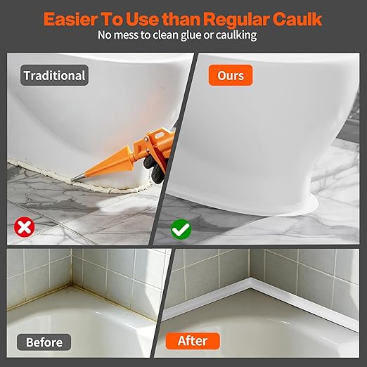 Dstorelhp 2 Rolls White Caulk Tape Waterproof Self Adhesive, Bathroom Peel and Stick Caulking Tape for Toilet Tub Shower Wall Trim, Easy to Install (1.5" x 10.5Ft)